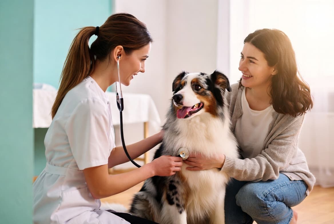 A veterinarian examining a dog with a stethoscope while the owner looks on