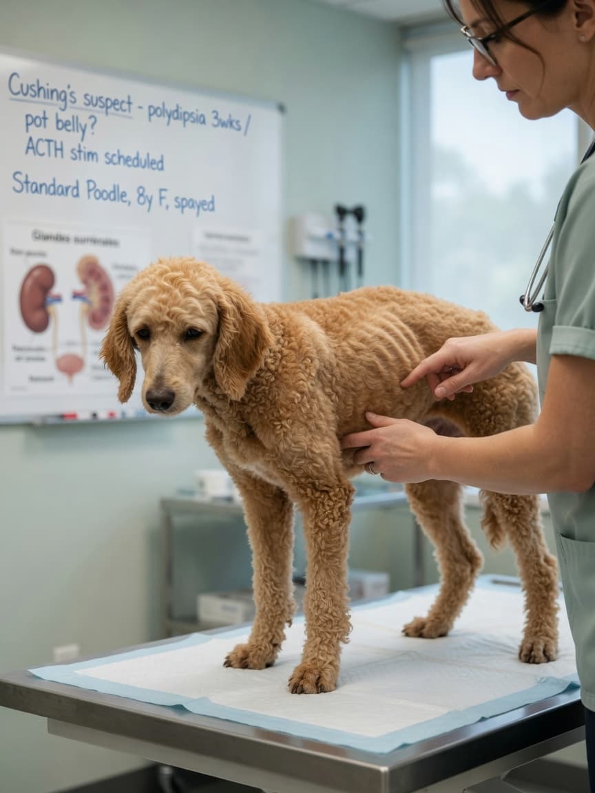 Veterinarian examining a weak Standard Poodle with suspected Addison's disease during clinical palpation