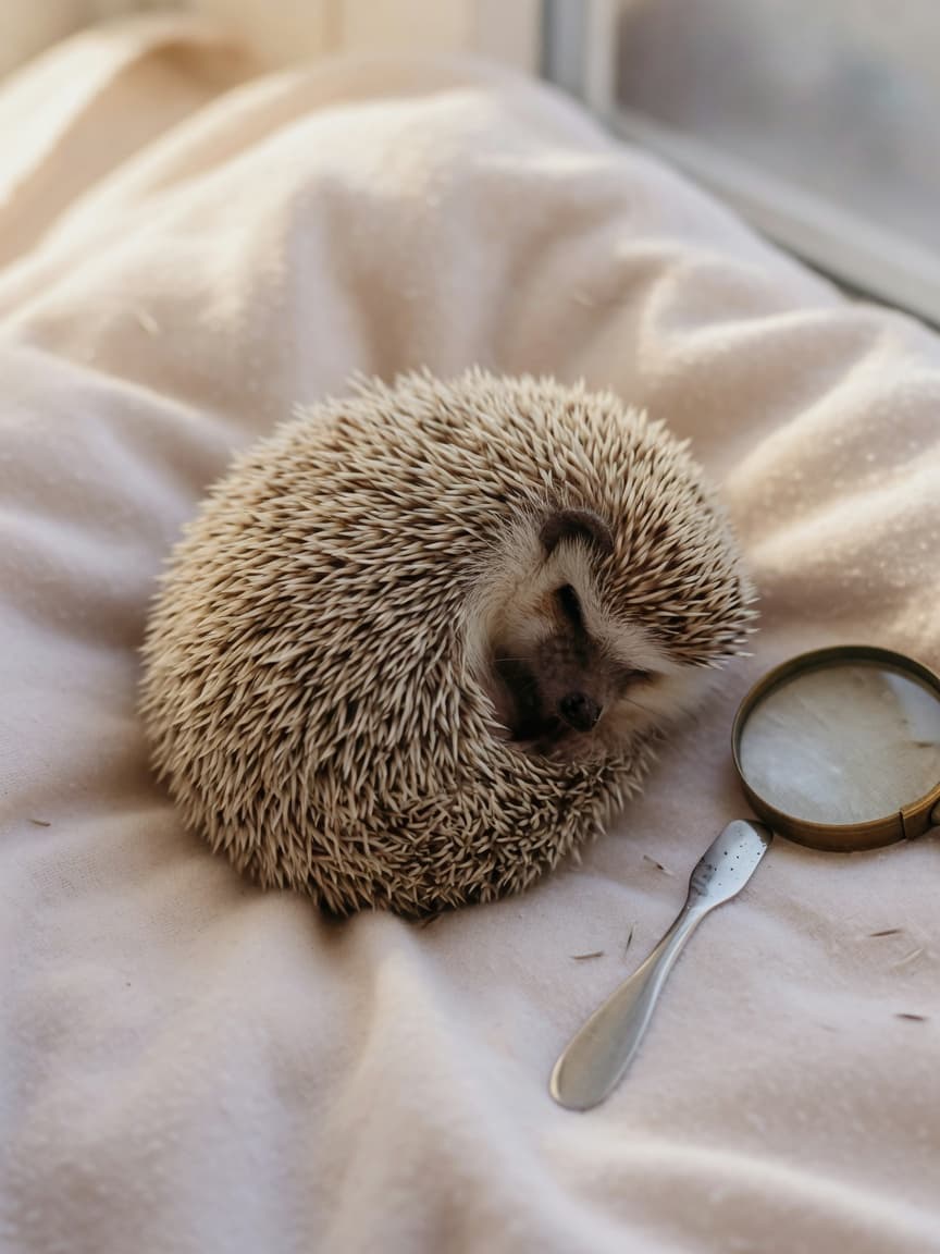 African pygmy hedgehog curled on a cream blanket with magnifying glass and diagnostic tool nearby, representing veterinary examination