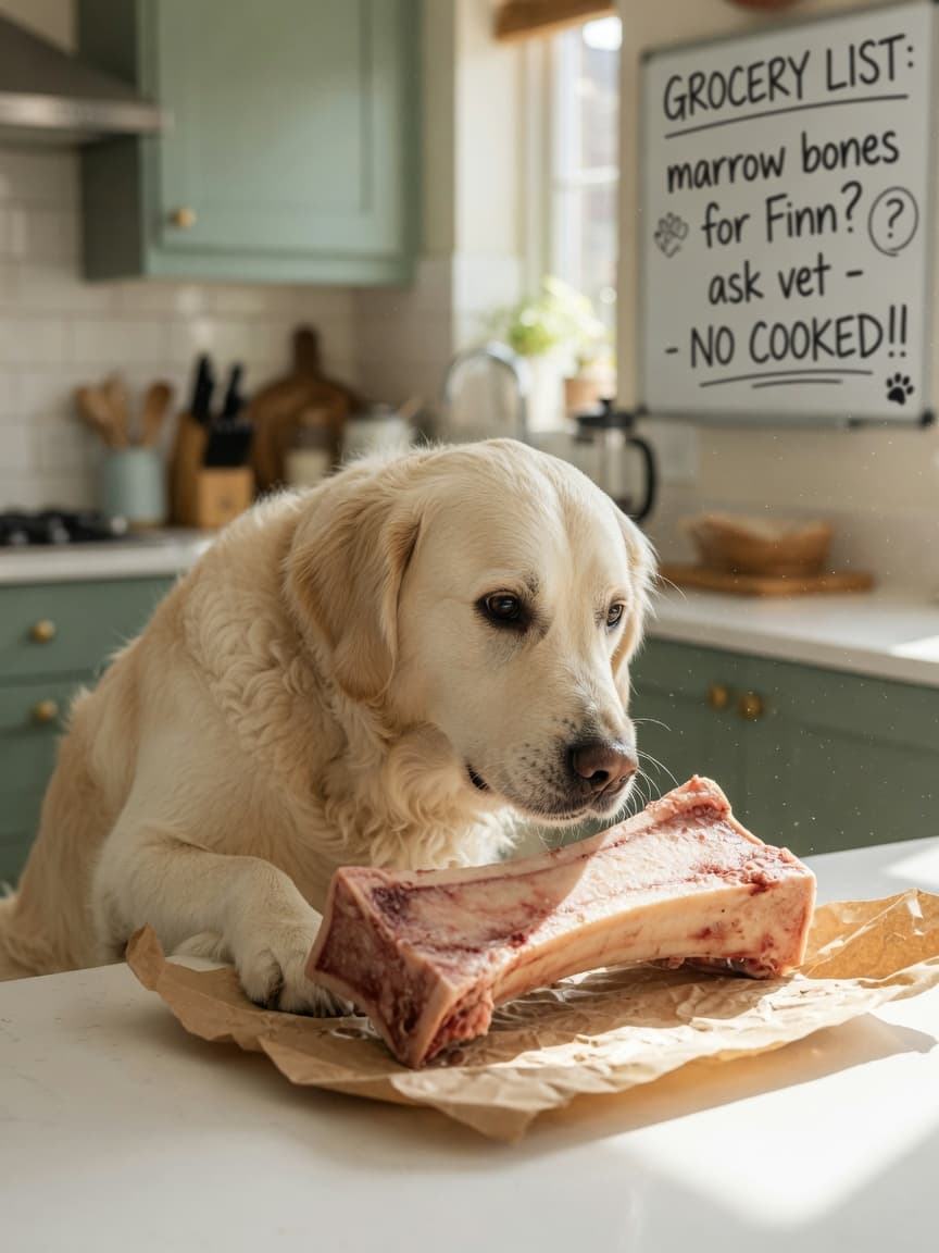Golden Retriever sniffing a raw bone on a kitchen counter in natural sunlight
