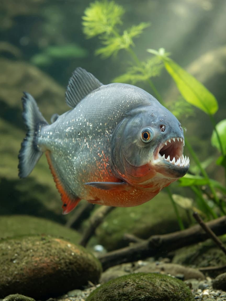 Close-up of a piranha showing sharp teeth and powerful jaw in freshwater environment