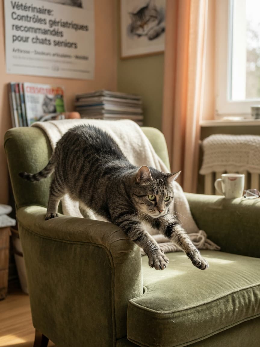 Senior tabby cat hesitating to jump down from furniture, showing signs of arthritis pain