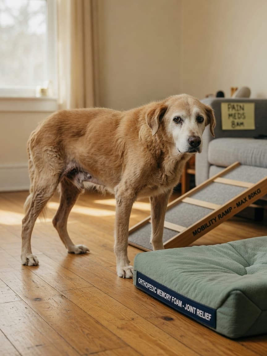 Senior dog with visible hind limb weakness standing in a living room with an orthopedic bed and ramp for arthritis management
