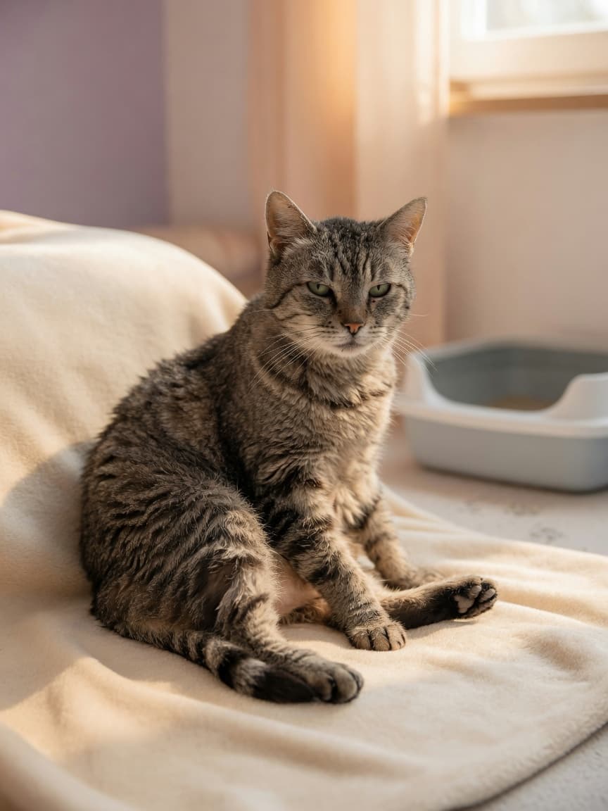 Senior tabby cat with stiffened posture resting on soft blanket in window light, showing signs of arthritis and reduced mobility
