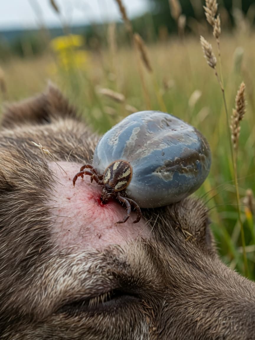 Close-up of an engorged meadow tick attached to a dog's fur, demonstrating tick-borne disease transmission