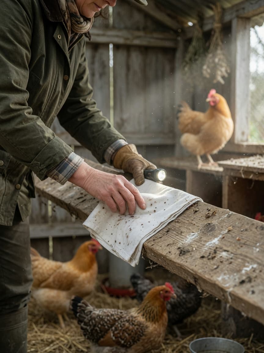 Backyard chicken keeper inspecting a wooden perch with a white cloth to detect red mites in a rustic coop