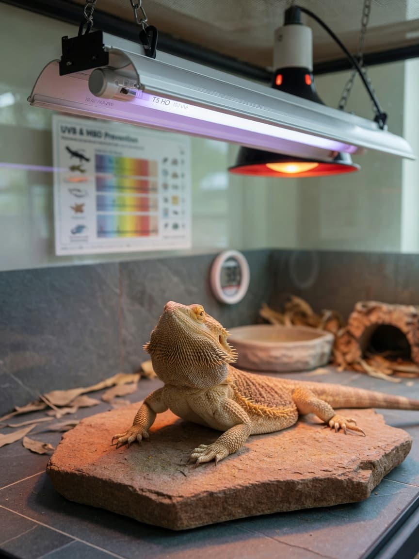 Central bearded dragon basking under T5 HO UVB fluorescent lighting in a terrarium setup