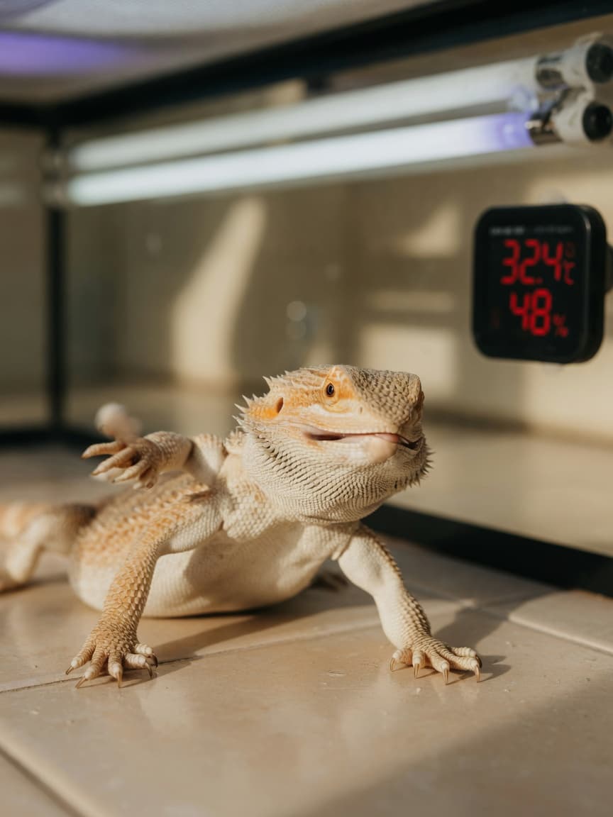 Bearded dragon with visible limb tremors and soft jaw resting on ceramic tile substrate in a properly lit terrarium setup