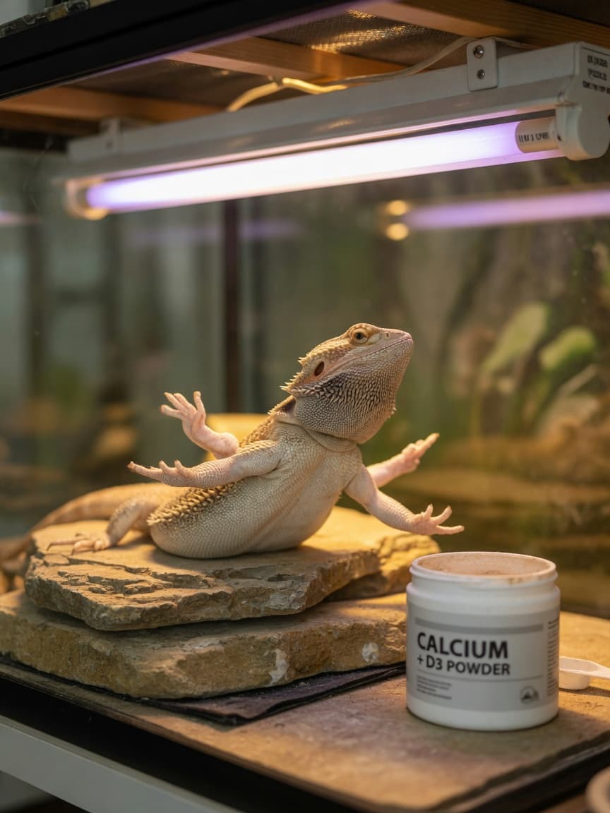 Bearded dragon with weakened limbs basking under UVB lighting with calcium supplement nearby