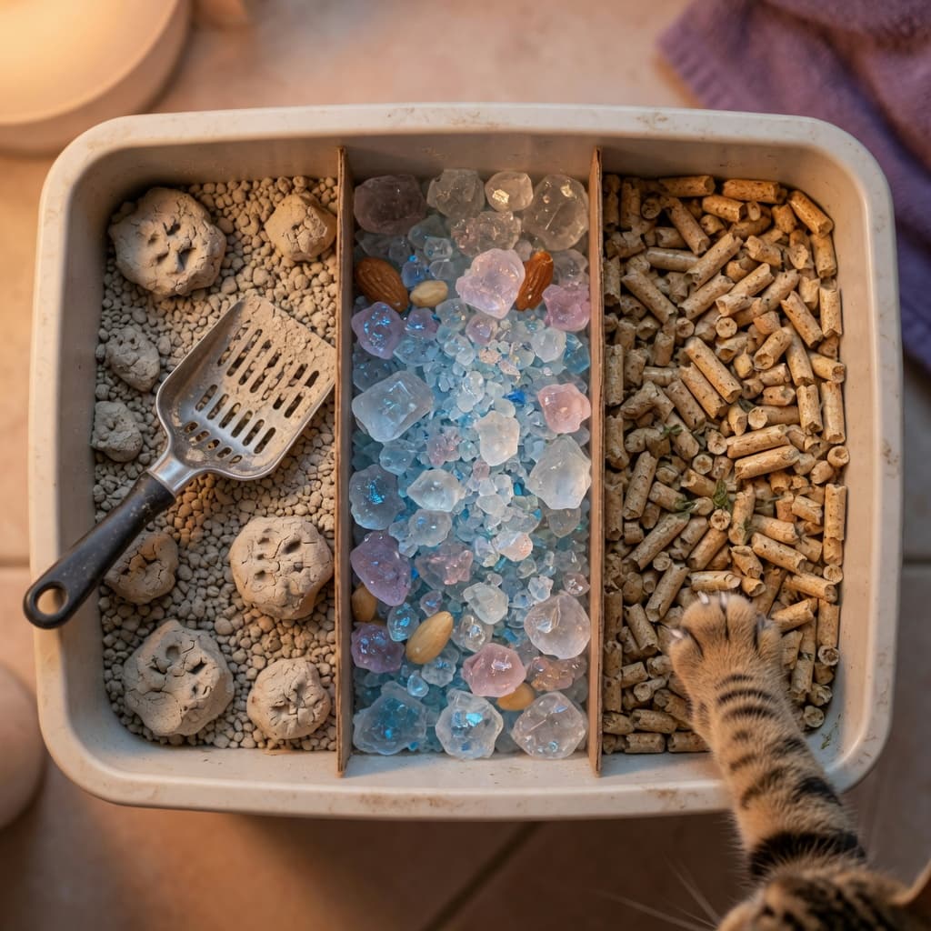 Overhead view of a cat litter box with three different types of litter displayed, showing clumping clay, silica crystals, and natural wood fiber, with a tabby cat's paw stepping into the box.