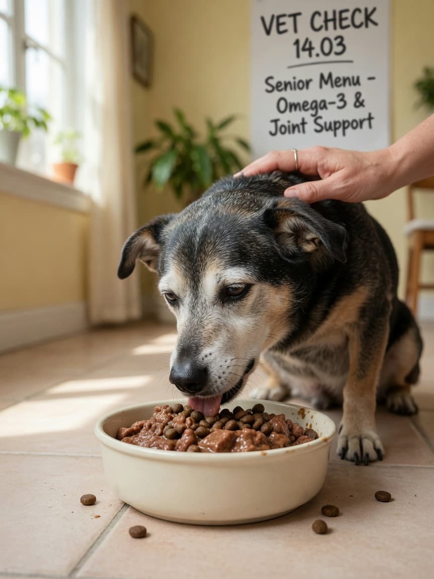 Senior dog eating wet food from a bowl while owner's hand gently touches its back in warm kitchen lighting