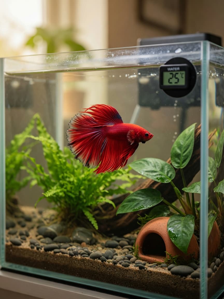 A vibrant red male betta fish swimming in a well-planted 20-litre aquarium with live plants, ceramic caves, and proper heating setup