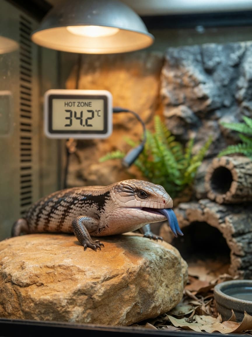 Blue-tongued skink with extended tongue on warm basking rock in properly set-up terrarium with temperature monitoring