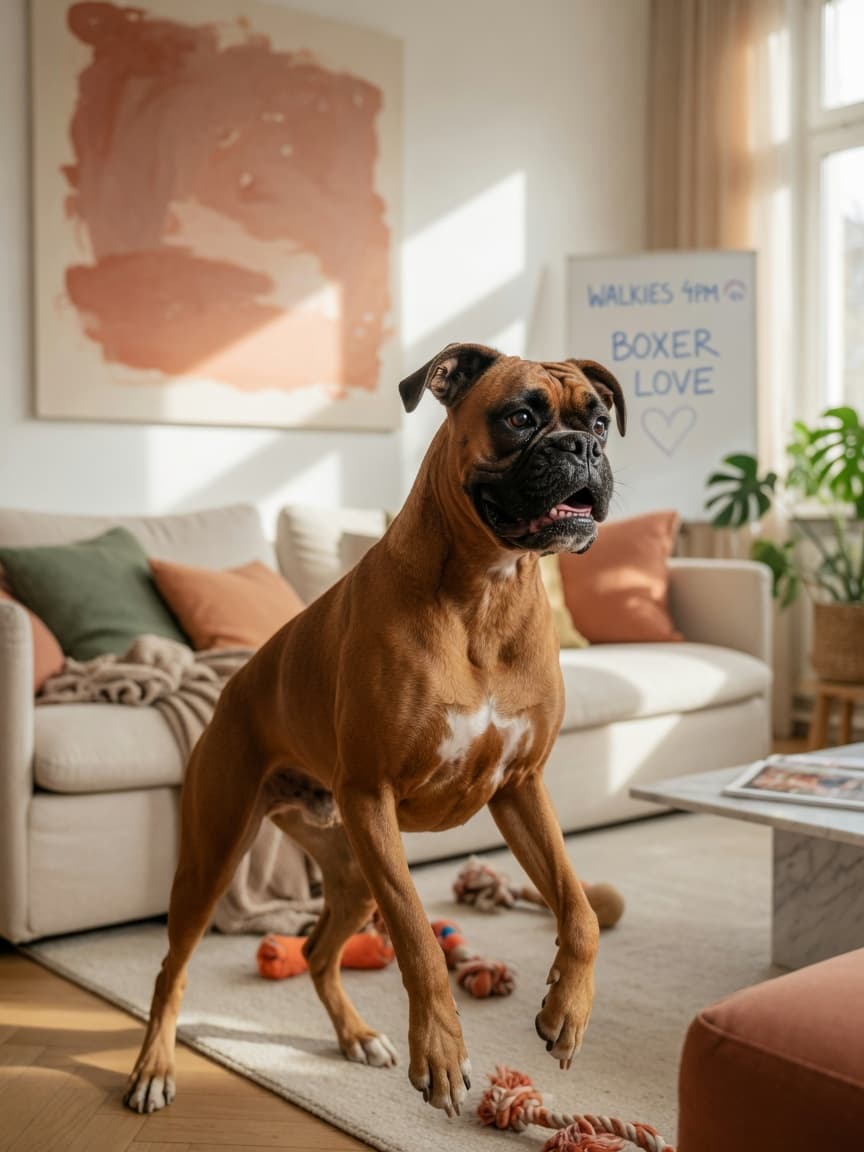 Portrait of a muscular fawn Boxer dog with natural ears in a bright, modern family living room, showcasing the breed's alert expression and athletic build.