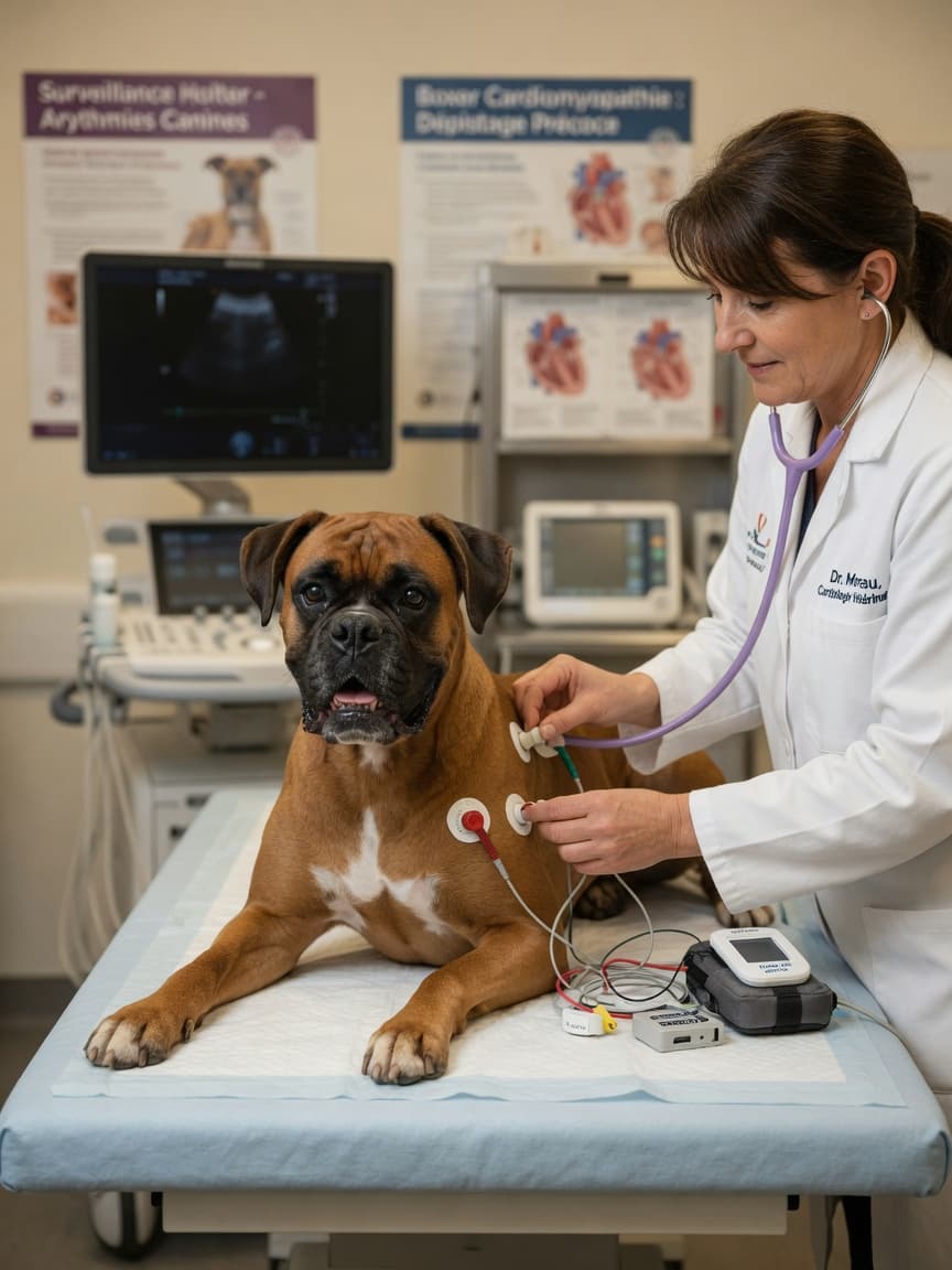Boxer dog undergoing Holter monitoring at a veterinary cardiology clinic for ARVC screening