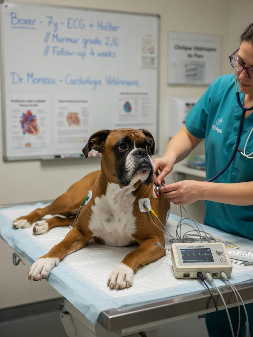 Boxer dog undergoing ECG examination with veterinary cardiologist at clinic for heart health screening