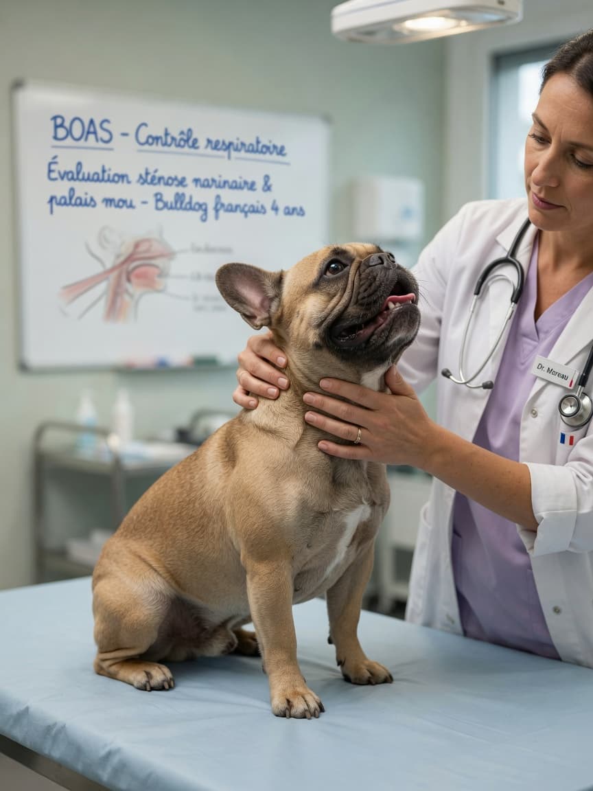 French Bulldog with extended neck struggling to breathe during veterinary airway examination