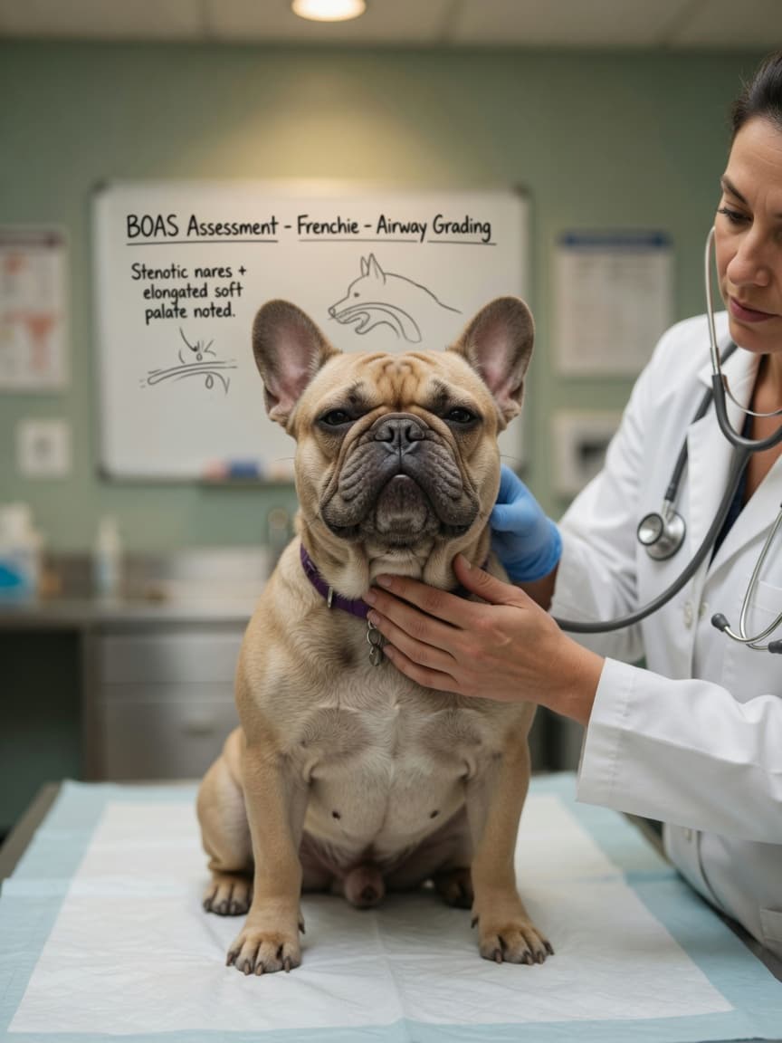 French Bulldog undergoing veterinary airway assessment during BOAS diagnosis