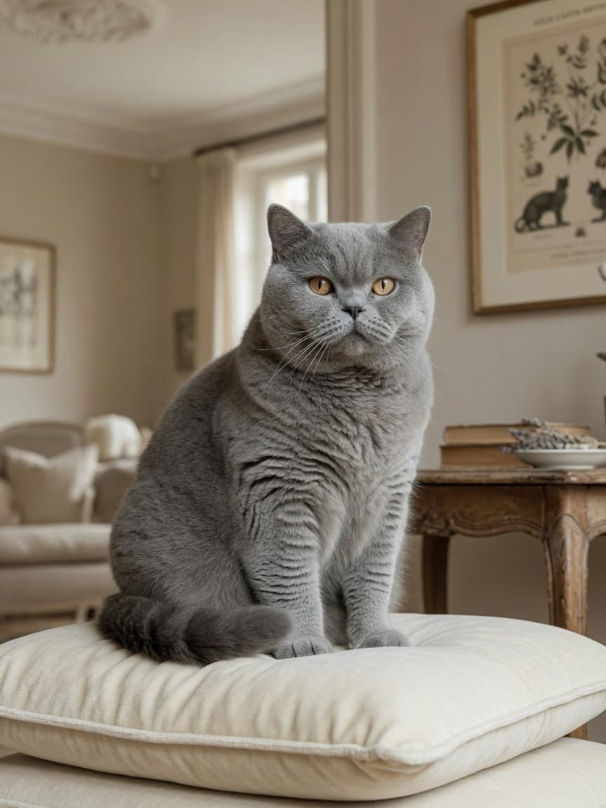 A dignified British Shorthair with dense blue-grey plush coat and copper eyes sitting calmly on a cream cushion in soft natural light