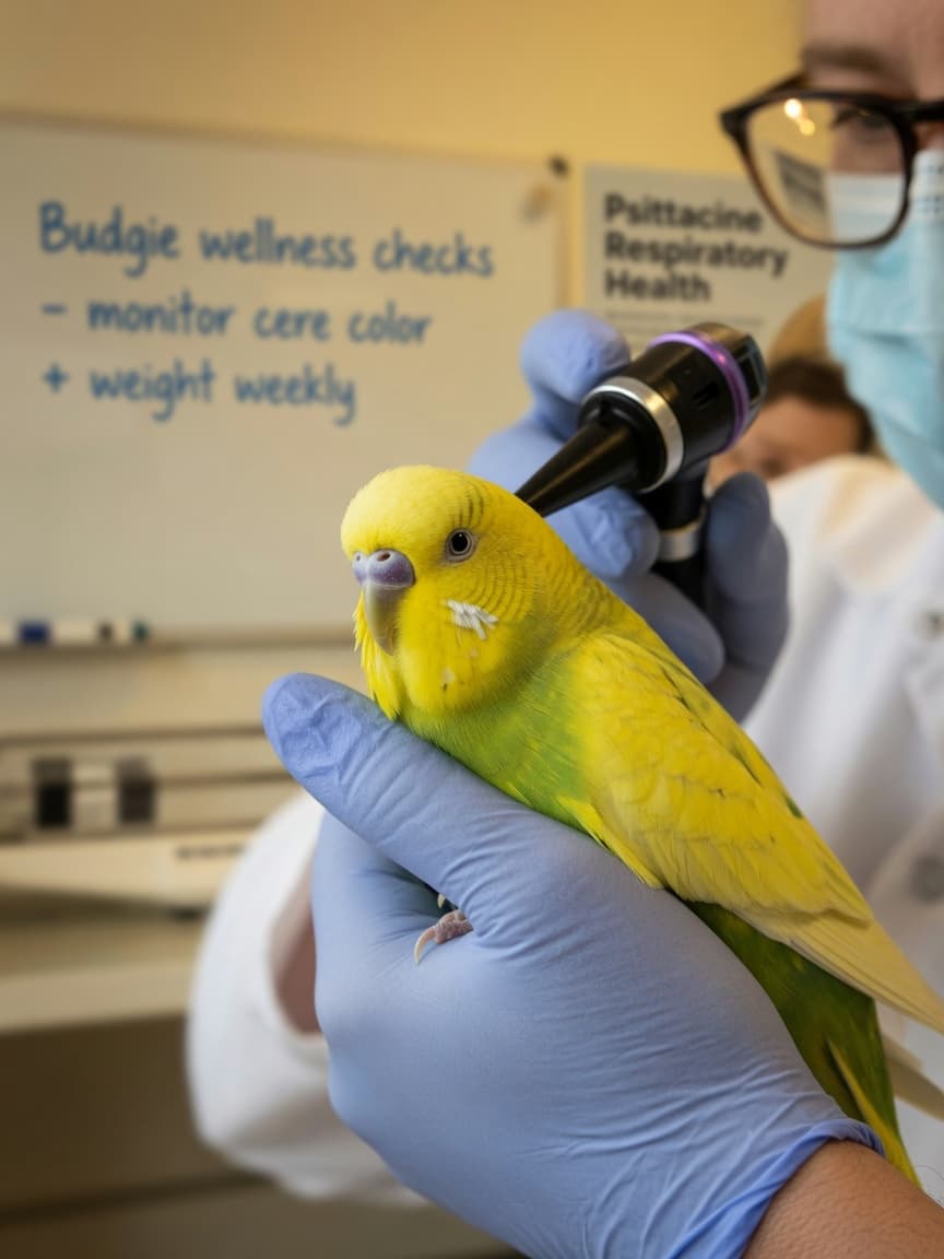A budgerigar being gently examined by an avian veterinarian during a health check