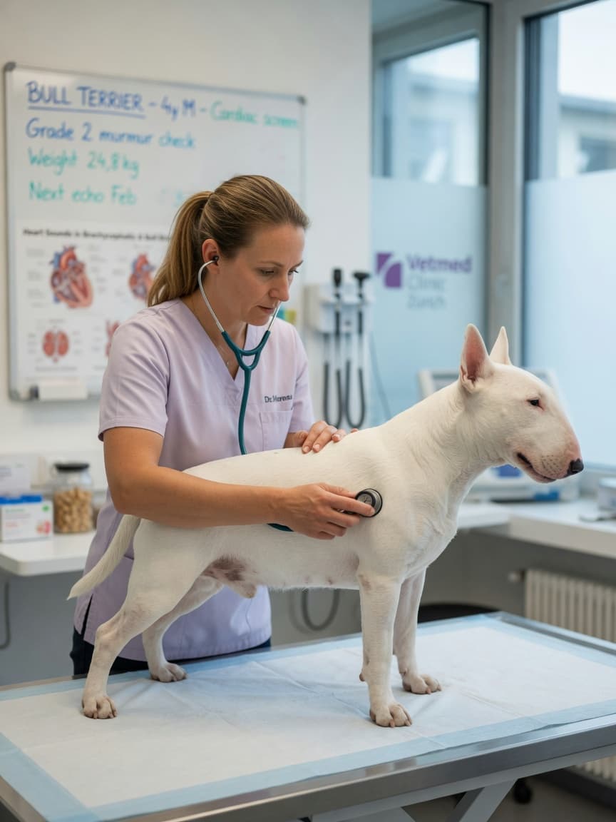Bull Terrier undergoing cardiac examination with stethoscope at veterinary clinic