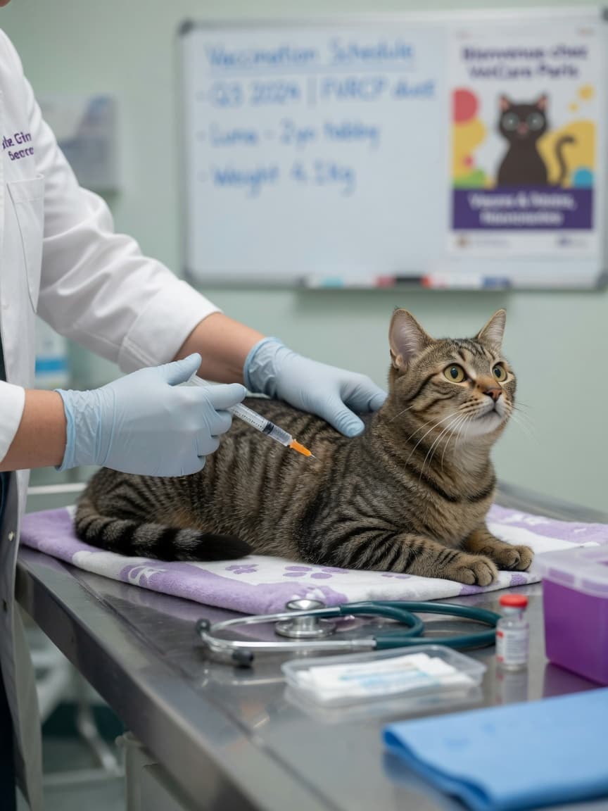 Veterinarian administering calicivirus vaccine injection to tabby cat on examination table