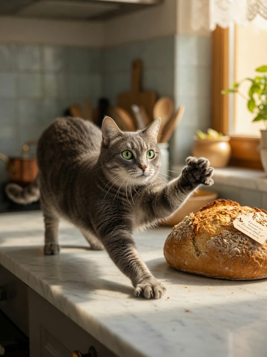 Tabby cat reaching toward fresh bread on kitchen counter with curious expression