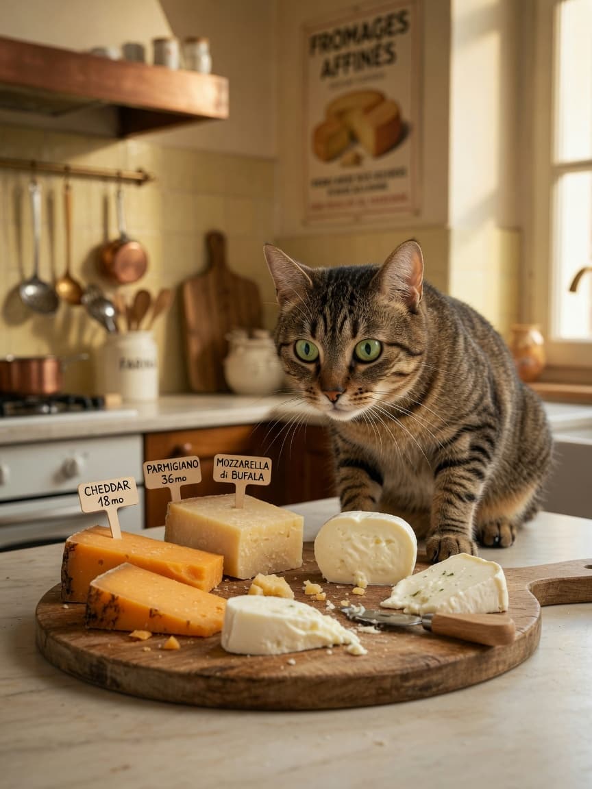 Tabby cat staring at cheese board on kitchen counter