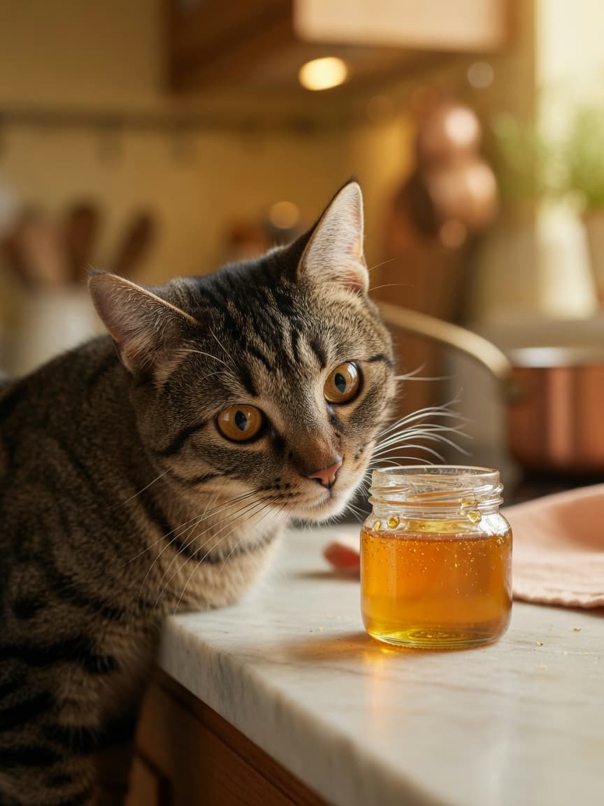 Tabby cat sniffing a jar of honey on a kitchen counter, showing curiosity about the scent rather than interest in eating it