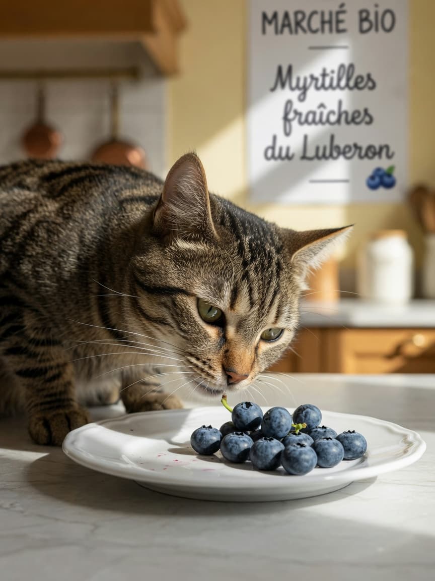 Curious tabby cat sniffing fresh blueberries on a white plate in a sunlit kitchen
