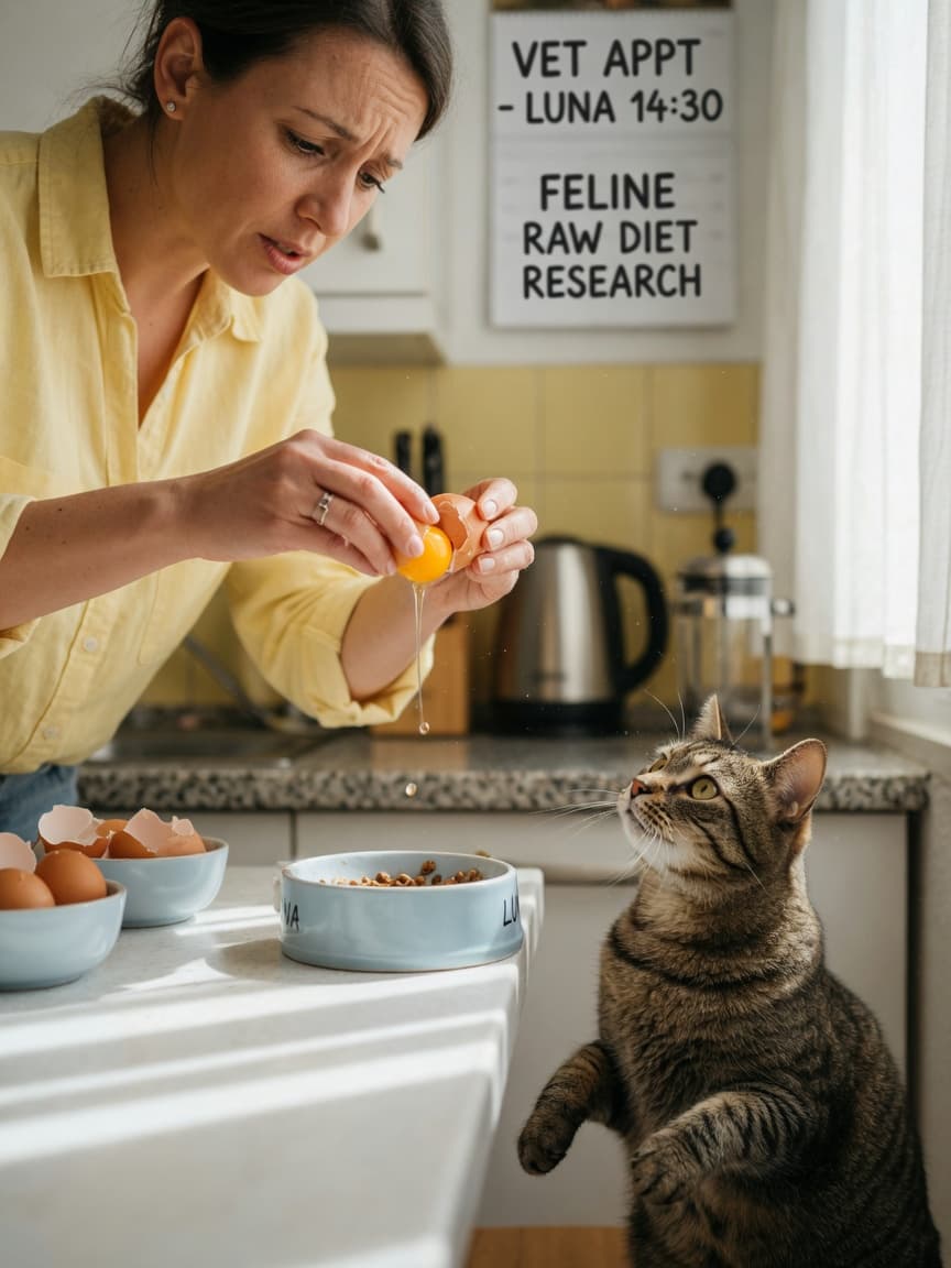Cat owner holding a raw egg over a tabby cat's bowl with hesitation, kitchen with natural sunlight