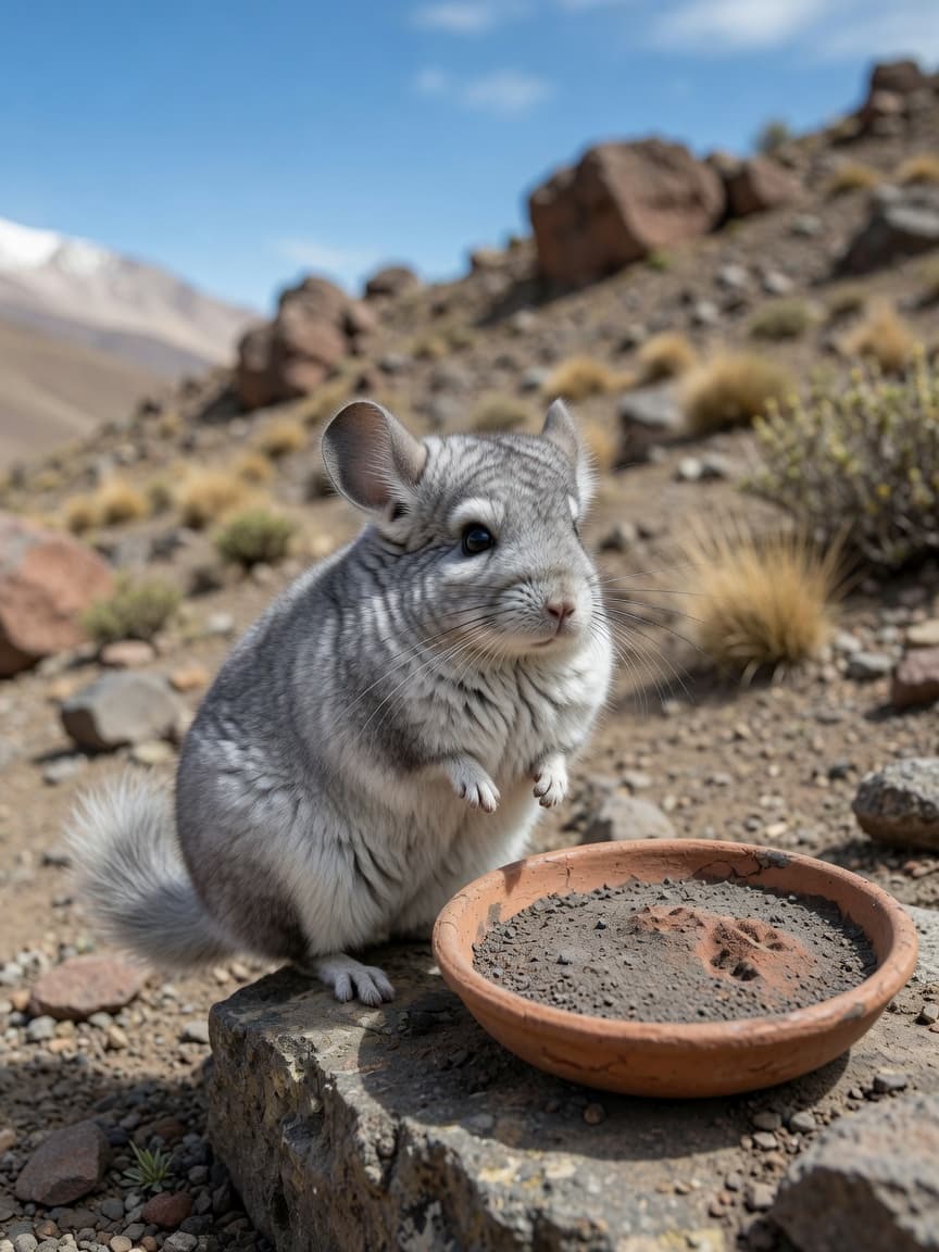 A fluffy chinchilla in a dry mountain environment next to a dust bath dish
