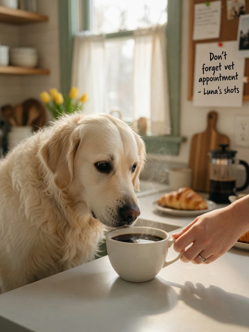 Golden retriever sniffing a coffee mug on a kitchen counter while owner's hand redirects the dog away from the beverage