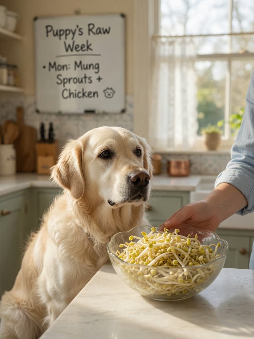 Golden Retriever looking at a bowl of fresh bean sprouts on a kitchen counter with natural light
