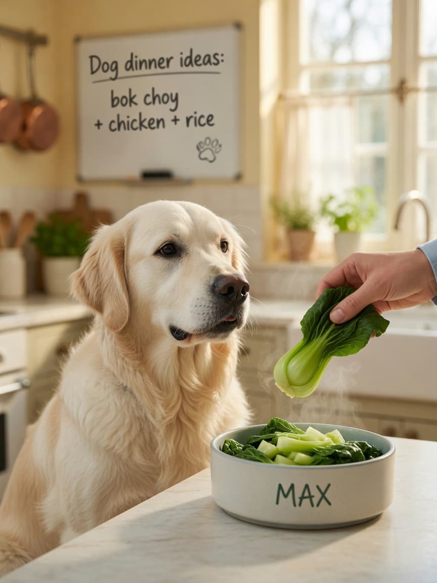 Golden Retriever sitting at kitchen counter watching owner place cooked bok choy in its food bowl