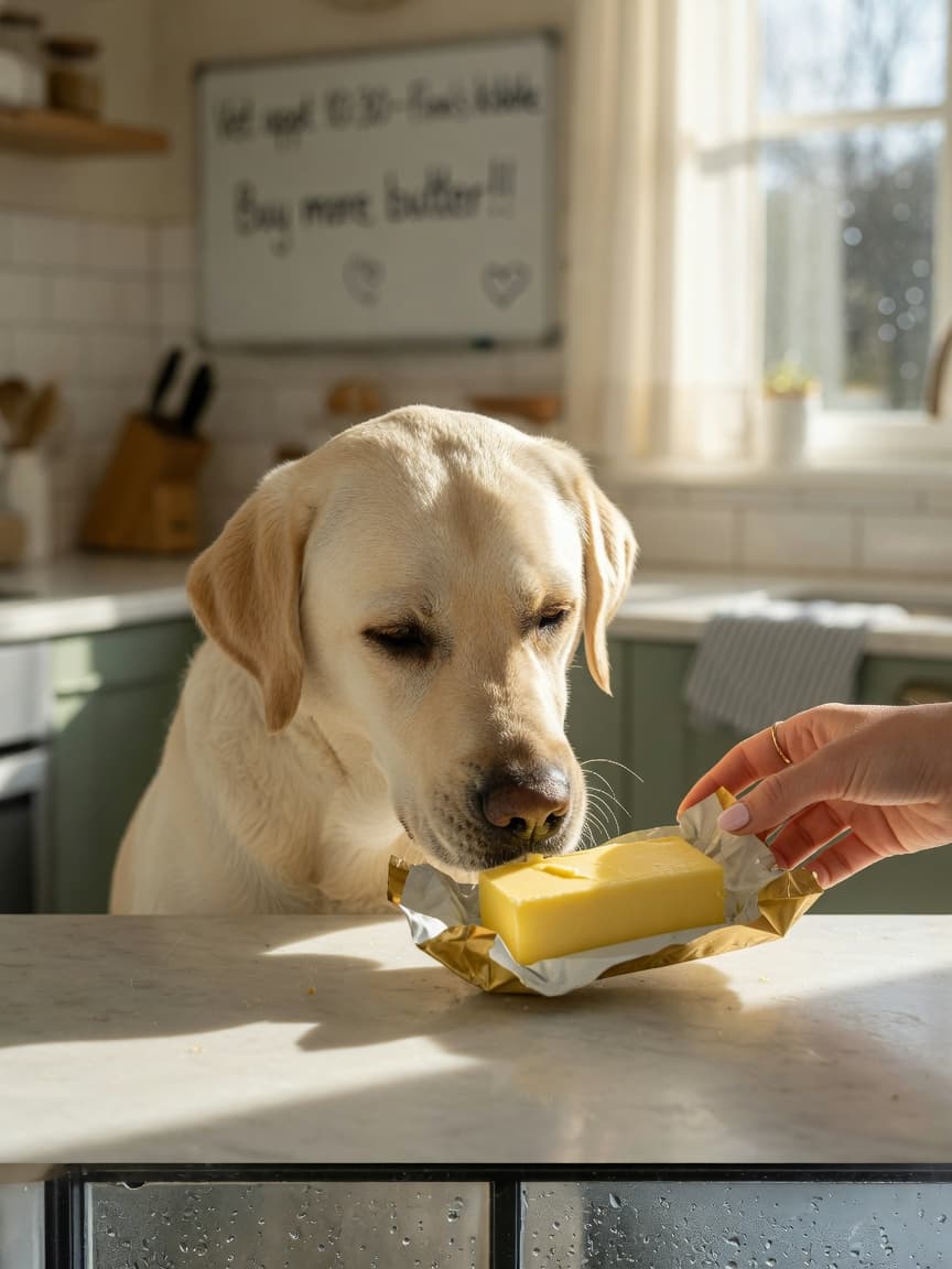 Golden Labrador sniffing butter on kitchen counter with owner's hand nearby
