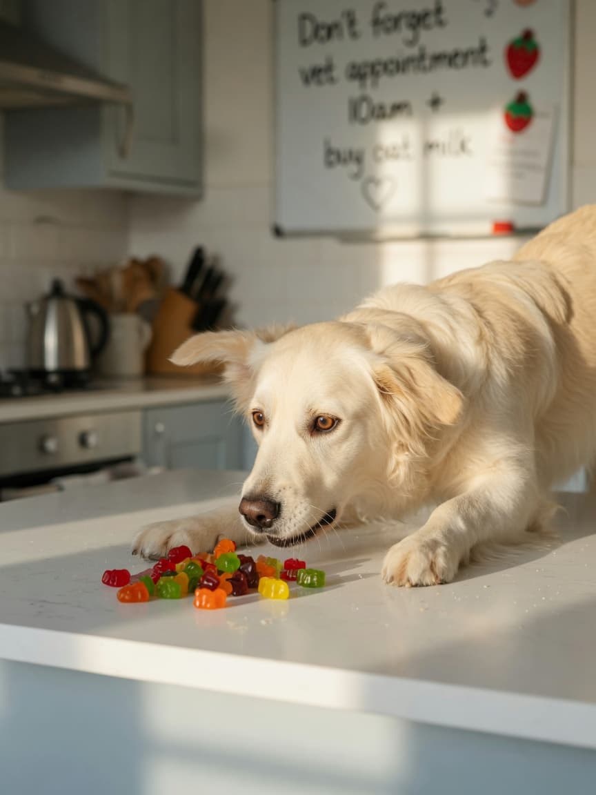 Golden retriever showing interest in gummy bears on kitchen counter