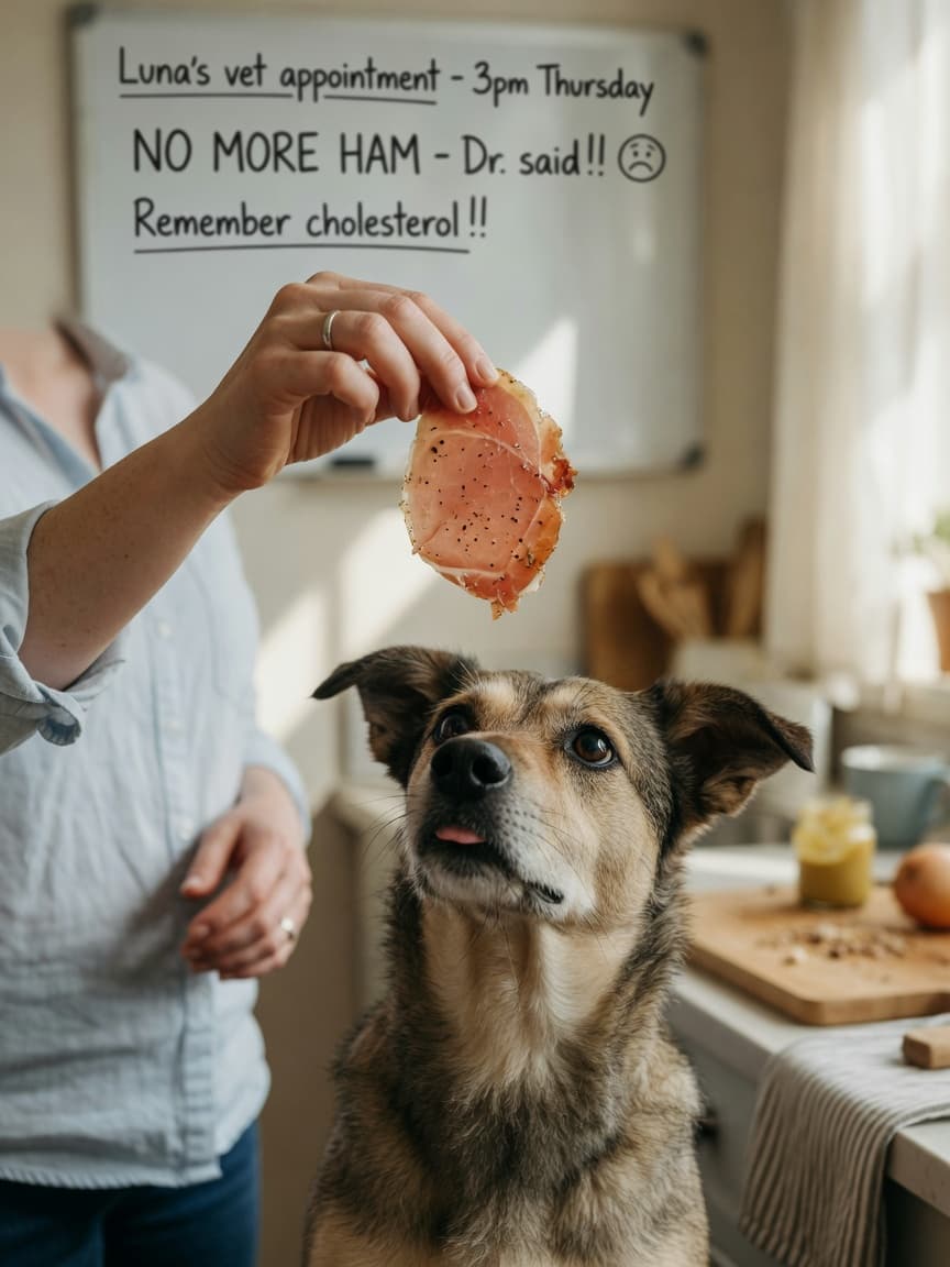 Dog owner hesitating with a slice of cured ham above their curious dog's head in a kitchen setting
