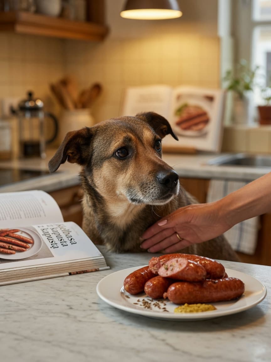 Dog sniffing kielbasa sausages on kitchen counter with owner's hand redirecting the dog away