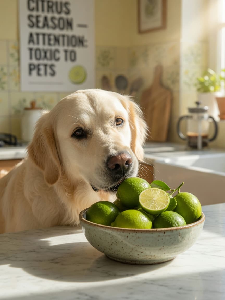 Golden retriever sniffing at a bowl of fresh limes on a kitchen counter in natural sunlight