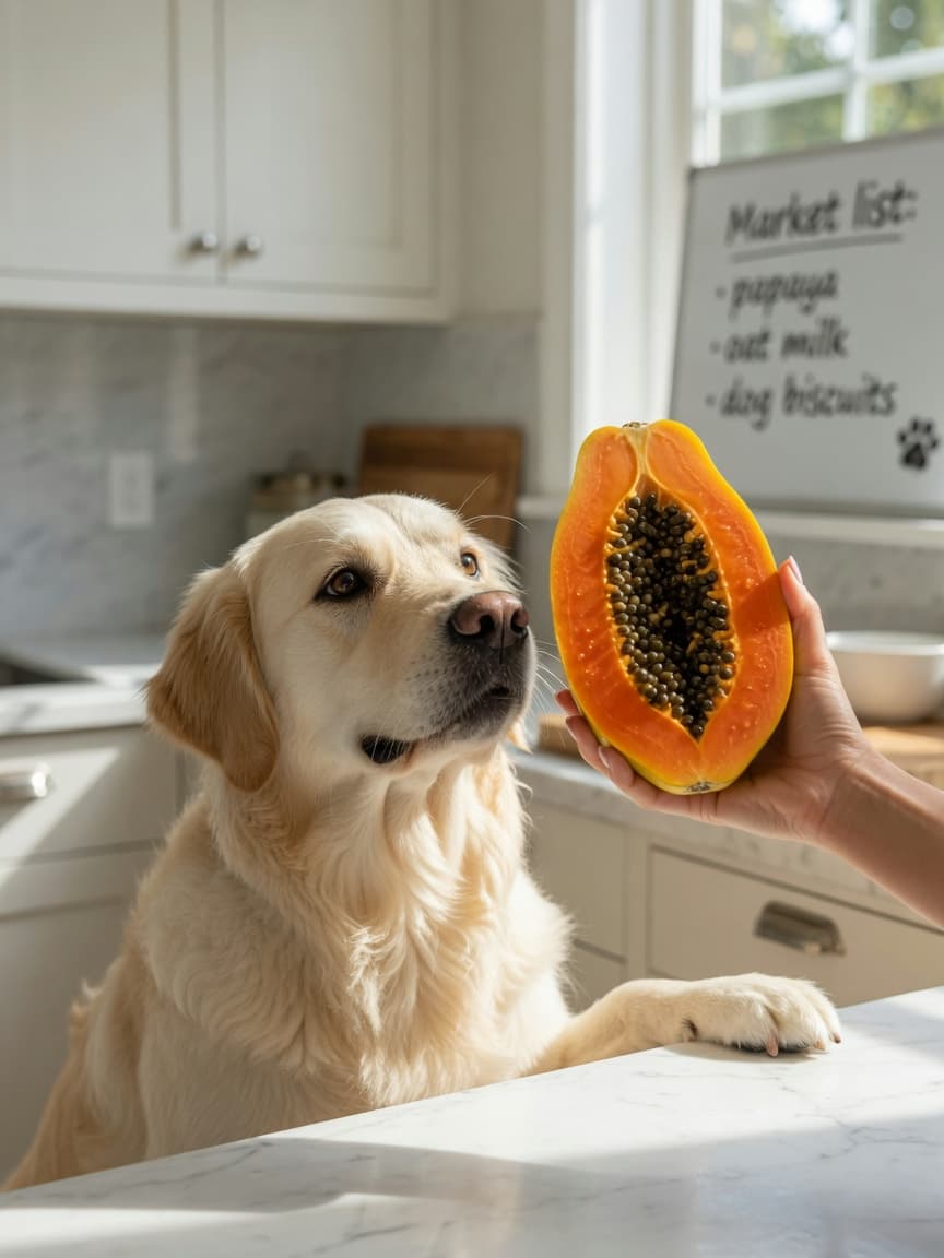 A golden retriever looking at a freshly cut papaya with black seeds visible, held in front by a human hand in a bright kitchen.