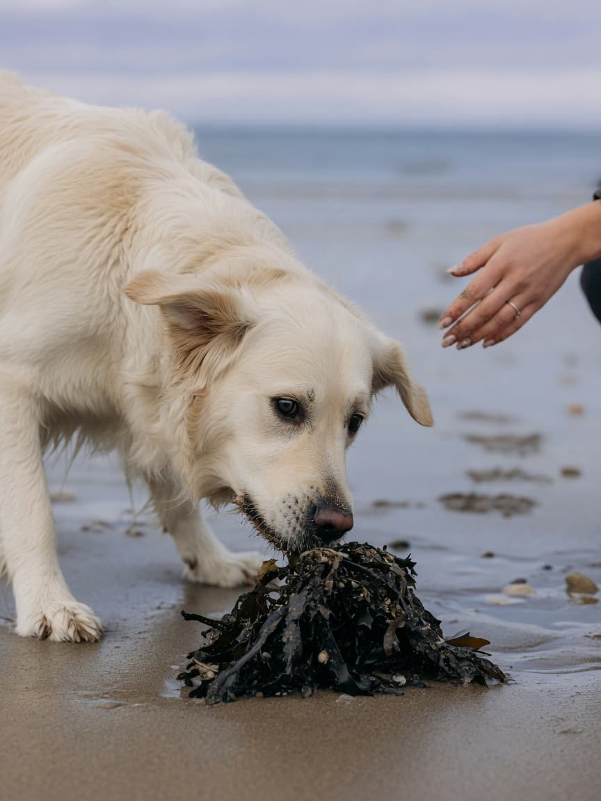 Golden retriever sniffing dangerous seaweed on a beach while owner reaches protectively