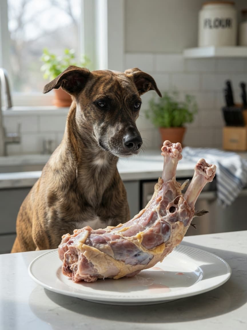 Dog looking at a raw turkey neck on a plate in a bright kitchen