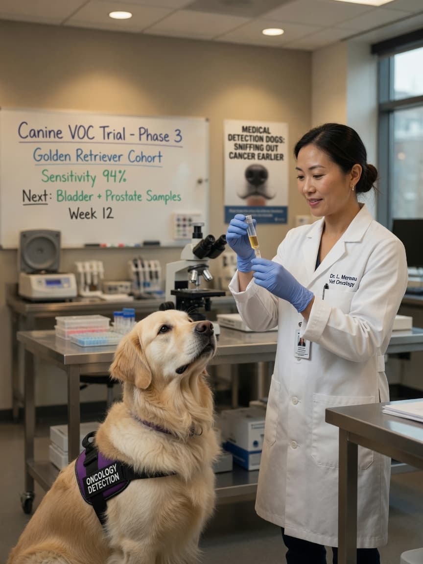Trained golden retriever medical detection dog working with researcher examining urine sample in veterinary laboratory