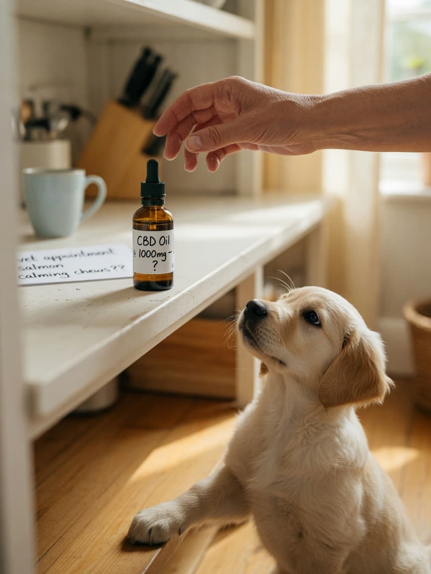 Human hand reaching toward a CBD oil bottle on a shelf with a golden retriever sitting below, questioning whether the pet product is safe for human use