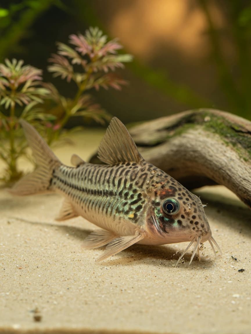 Close-up of a spotted Corydoras catfish foraging on fine sand with its sensitive barbels visible