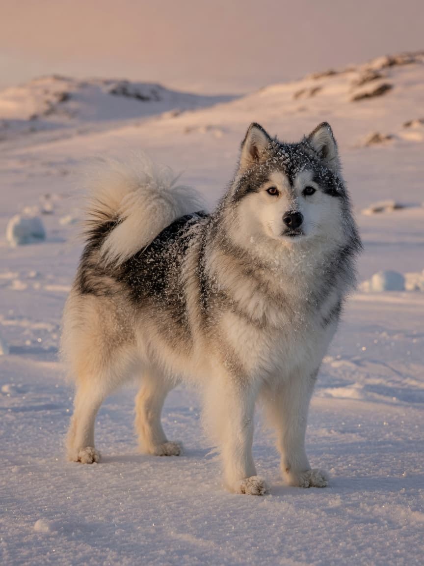 Canadian Eskimo Dog with thick white and grey double coat standing in Arctic snow landscape with alert, intelligent expression