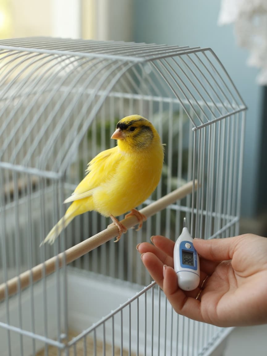 Bright yellow canary on a wooden perch inside a cage with an owner's hand gently approaching with a thermometer, symbolizing canary health monitoring and care.