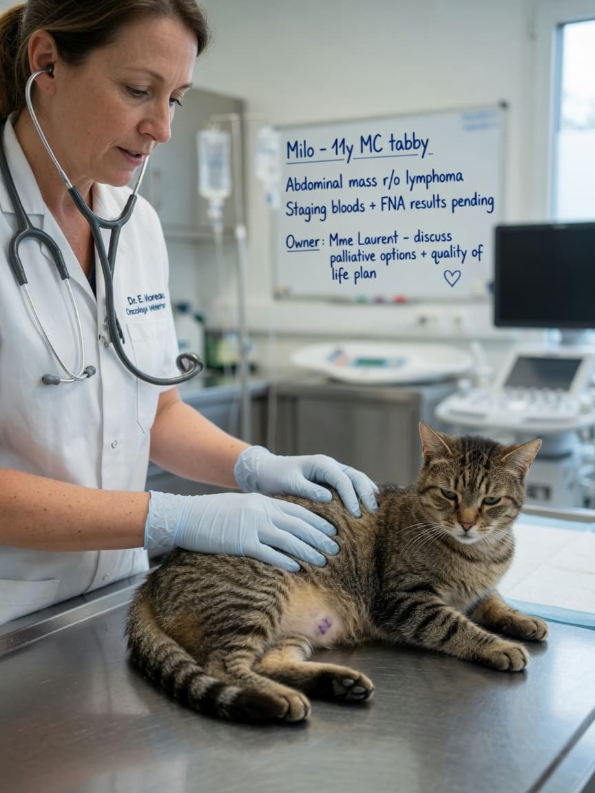 Veterinary oncologist examining a tabby cat during a cancer treatment consultation