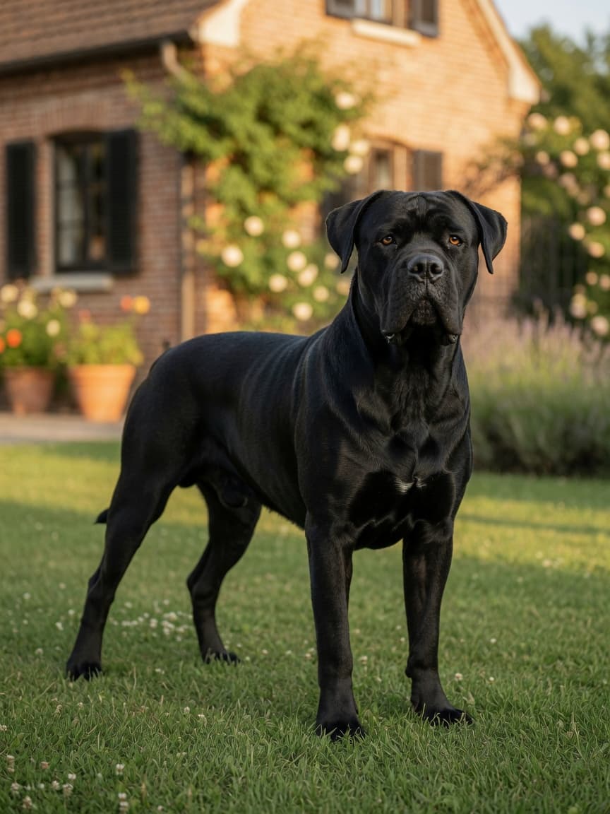 A muscular black Cane Corso standing alert in a sunlit garden, displaying the breed's powerful build and noble bearing